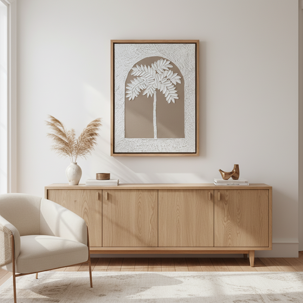 Handmade Palm Tree in Arch Textured Art | Coastal Palm Wall Art in Soft Neutrals | Beach-Inspired Home Decor
